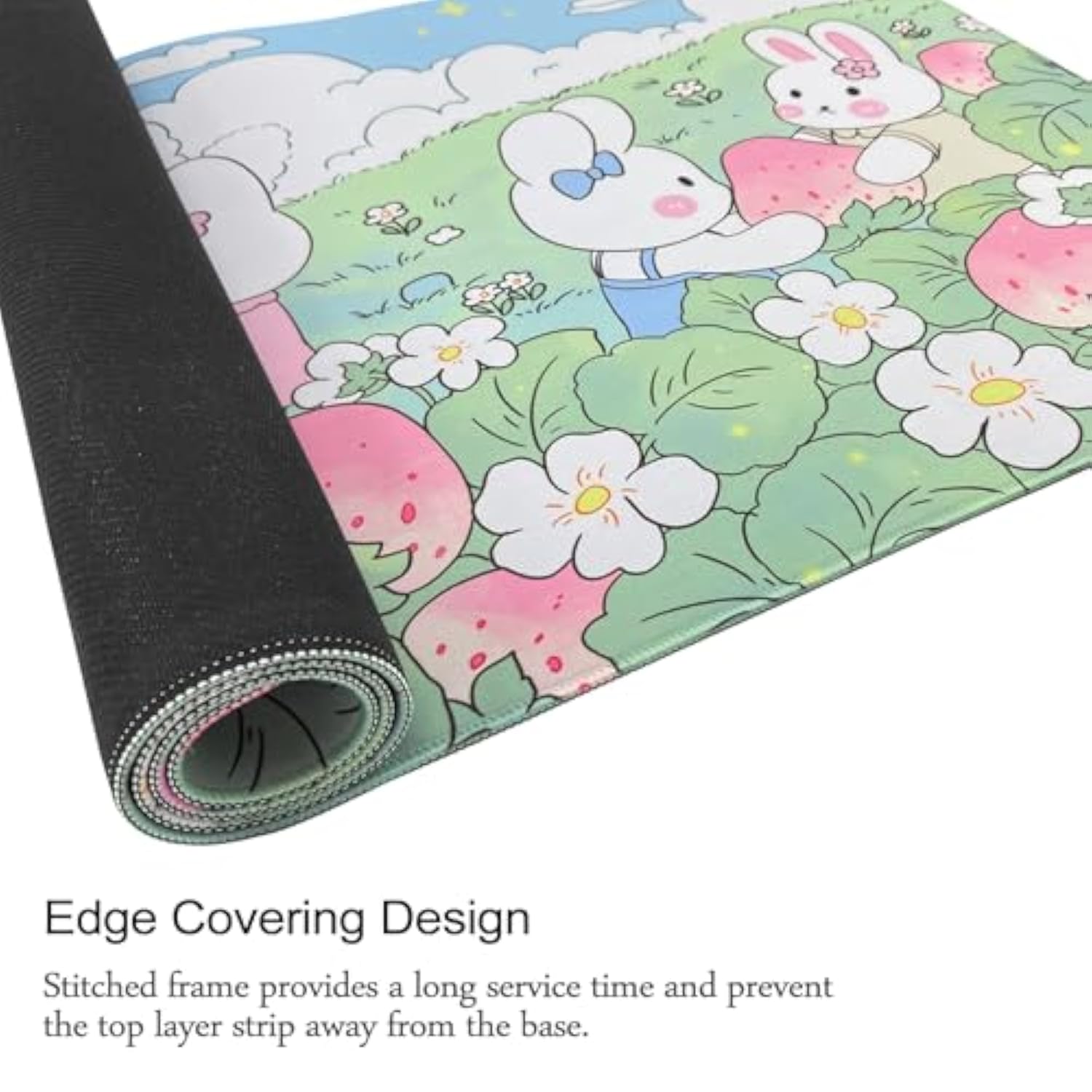 Large Rubber Mouse Pad 35.4" X 15.7"X0.12", Long Cute Mouse Keyboard Mat For Office Home & Gaming, Rabbits & Strawberry