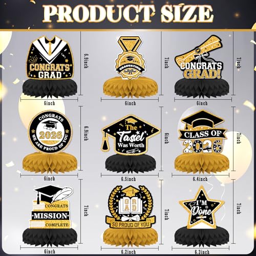 9 PCS 2026 Graduation Decorations, Graduation Honeycomb Centerpieces for Tables Centerpieces 3D Graduation Theme Party Decor Supplies,Black