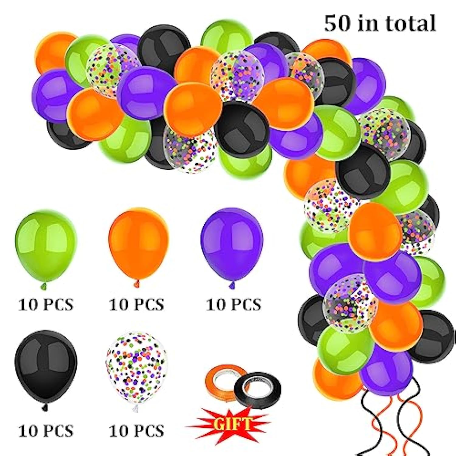 50 Pack 12 Inch Halloween Balloons Orange Black Purple Green Confetti Party Decor