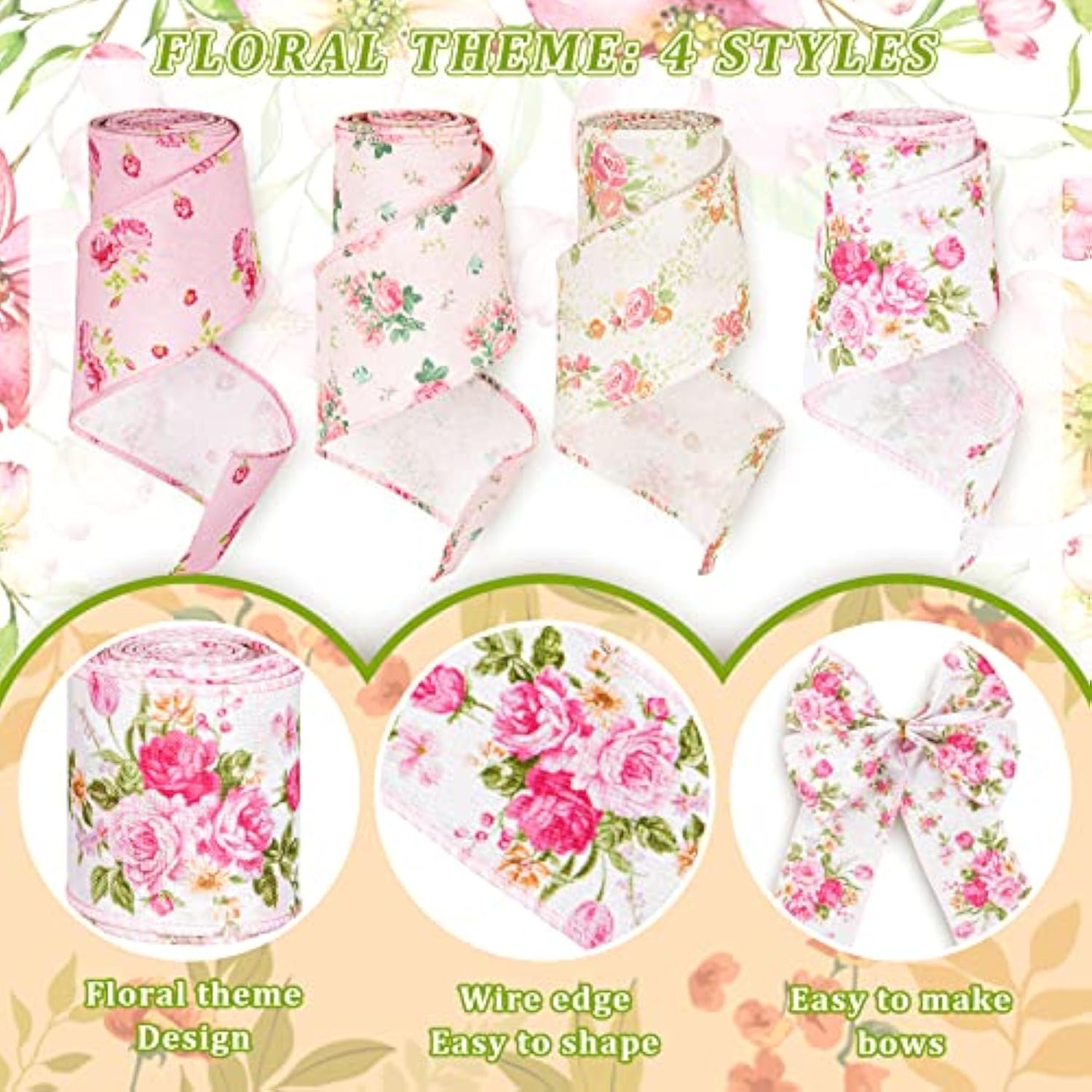 Floral Wired Edge Ribbon 4 Rolls Rose Flower Pattern Ribbon Spring Sum