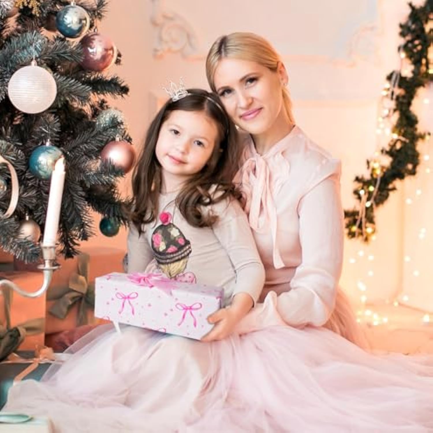 Pink Bow Reversible Wrapping Paper Roll - Mini Roll - 1 Roll 17" X33Ft Pink Bow Birthday Wrapping Paper Roll For Girls Kids Pink And White Plaid Design Gift Wrap Paper Pink Bow Party Favor