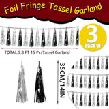 3P Black Silver Foil Fringe Metallic Tassel Streamers Banner Tassel Garland For Parade Floats, Graduation, Wedding, Birthday, Halloween, Christmas, Bridal/Baby Shower Party Decorations