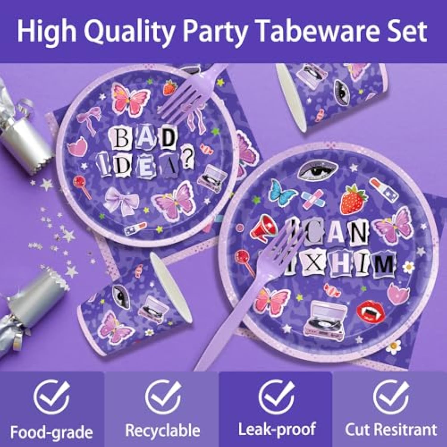 169Pcs Purple Music Birthday Decorations Pop Star Party Decorations Purple Birthday Plates Napkins Cups Banner Cutlery, Purple Party Supplies, Serves 24