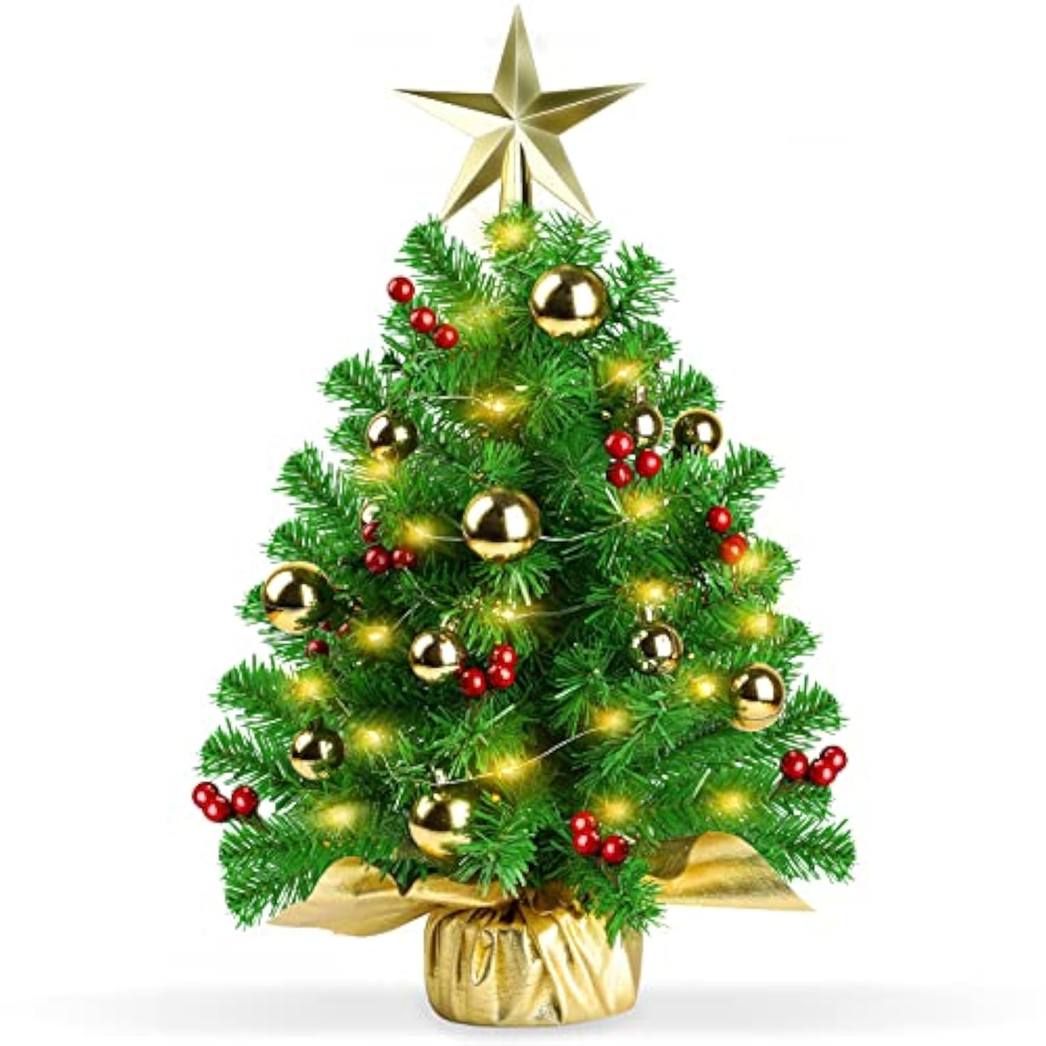 Mini Prelit Christmas Tree, 22" Tabletop Decoration With Warm Lights, Gold Ornaments, Red Berries & Cloth Bag Base