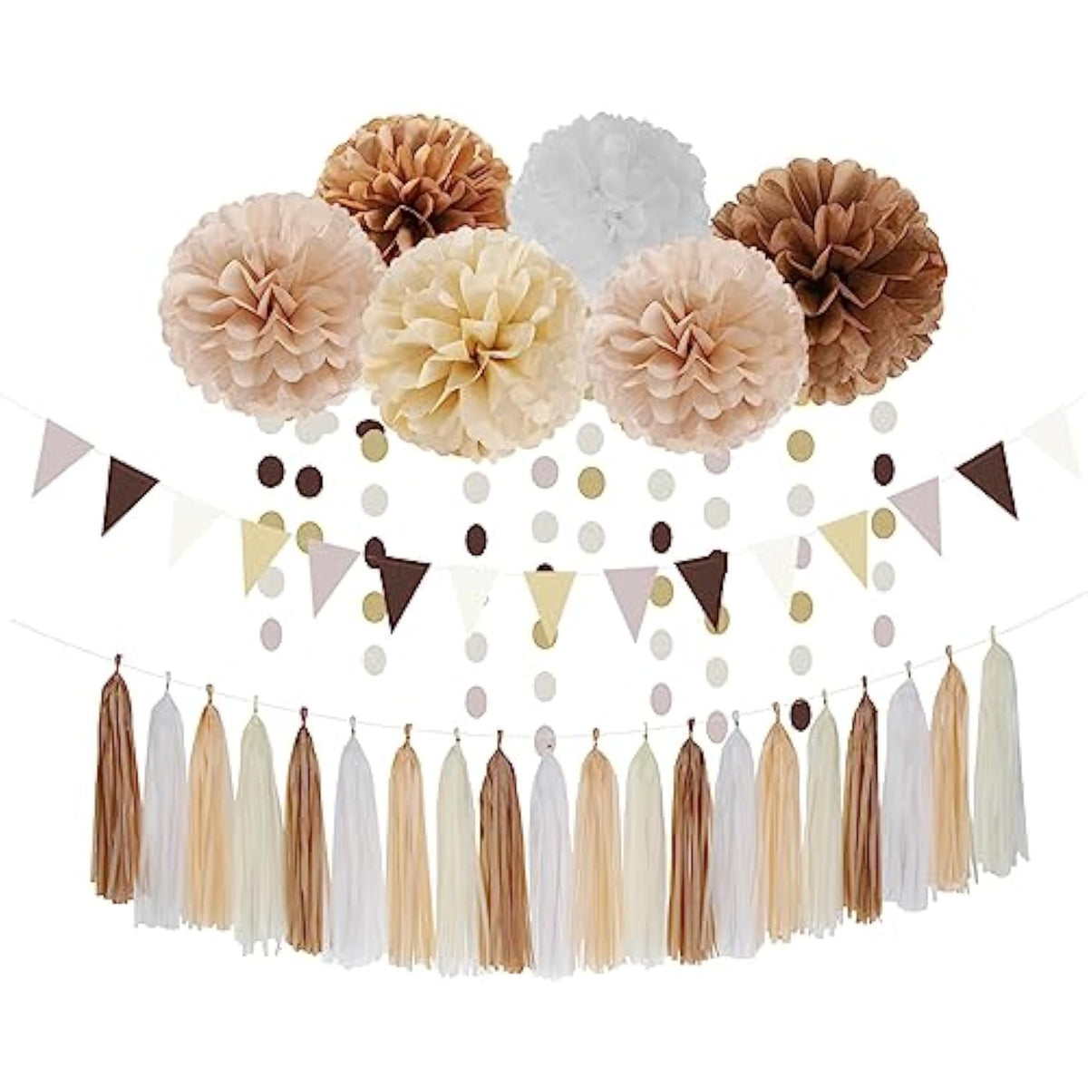 Boho Baby-Shower White-Brown Champagne Party-Decorations - 28Pcs Neutral Birthday Wedding Bridal Tissue Pom Poms Streamers, Fall Autumn Tassel Garland Banner, Engagement Christmas Decor