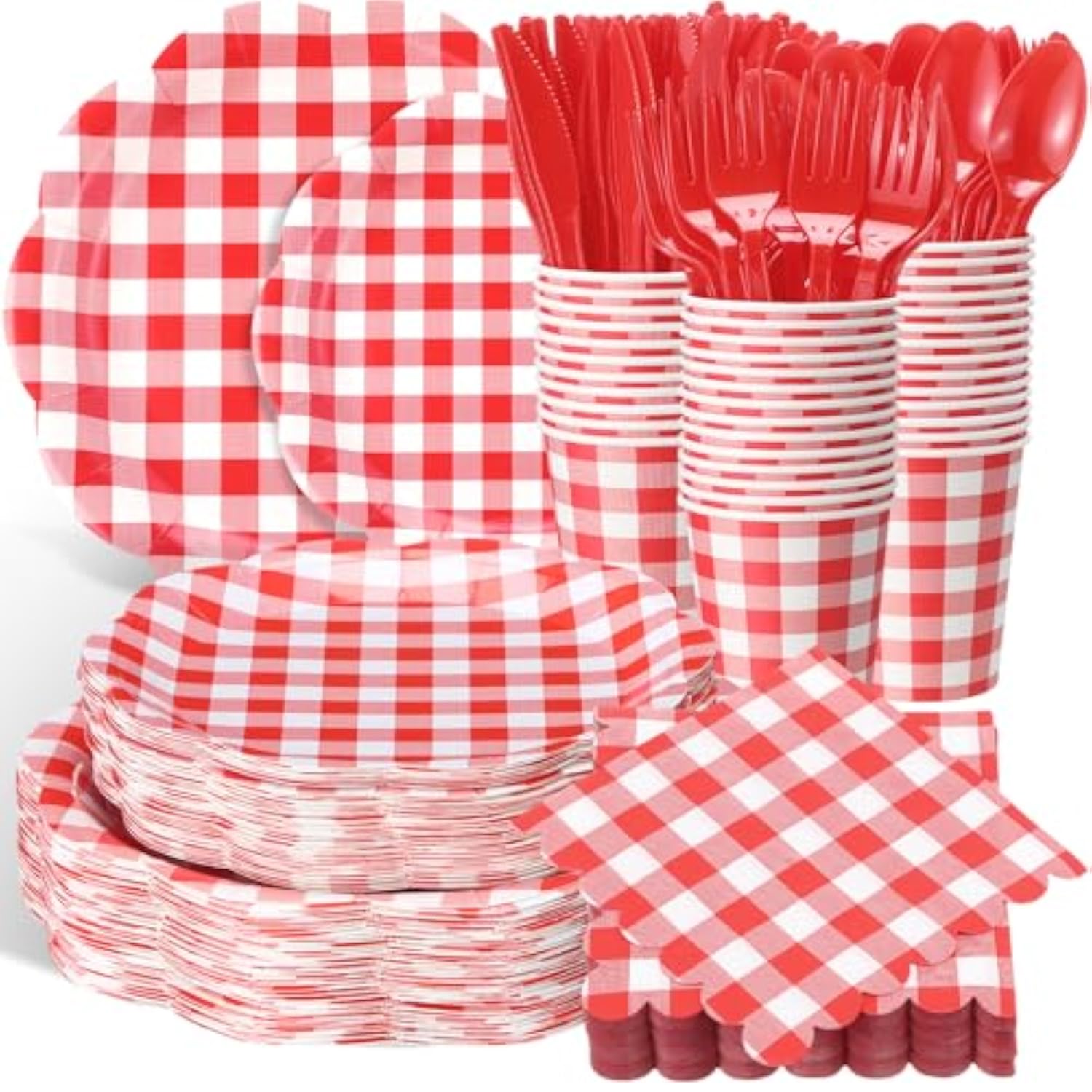 400 Pcs Gingham Party Supplies For 50 Guests Red And White Paper Plates And Napkins Knives Spoon Fork Cup Disposable Checkered Dinner Party Set Cutlery For Baby Shower Wedding Favor