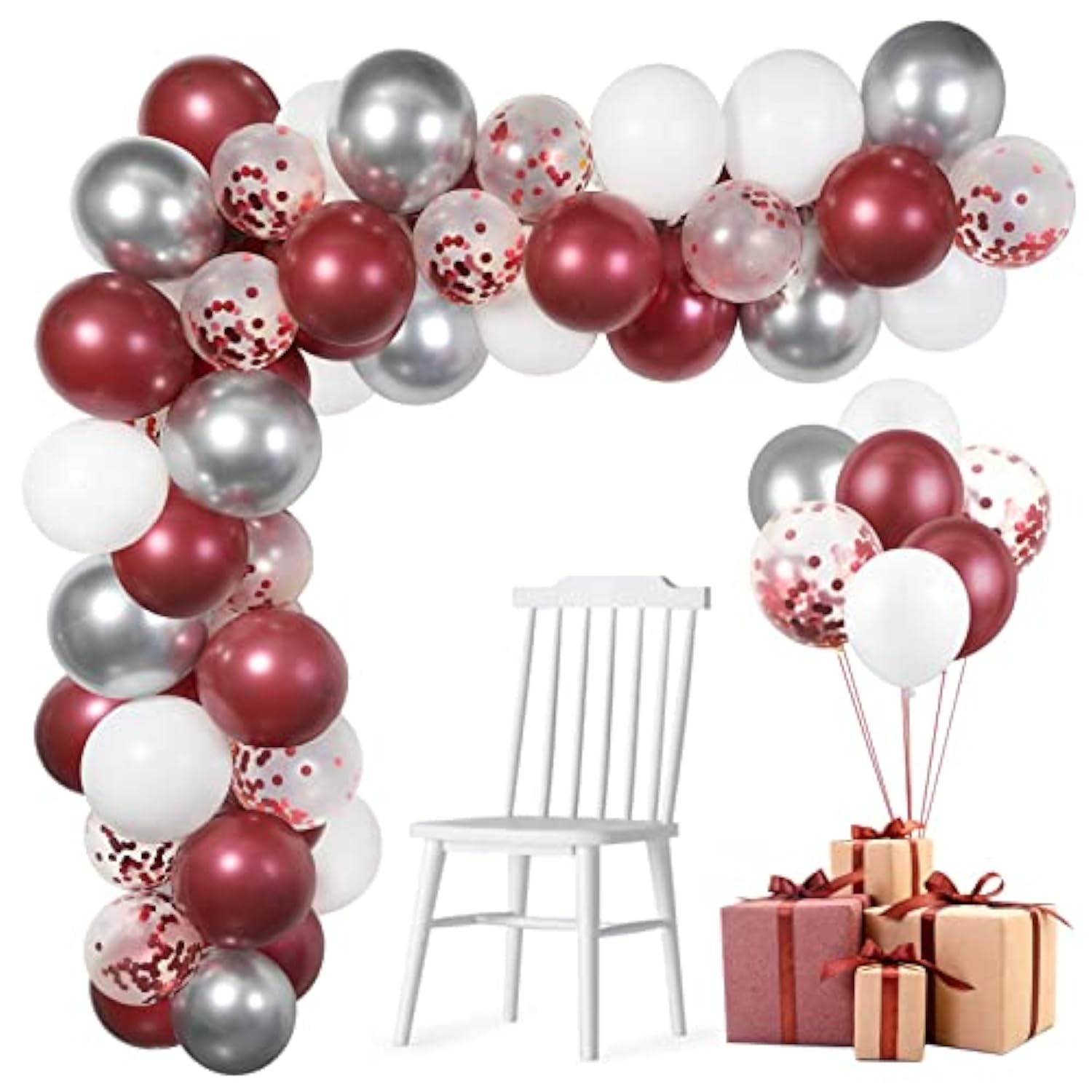 60 Pack Burgundy Red White Silver Maroon Balloons Garland Arch Kit, 12