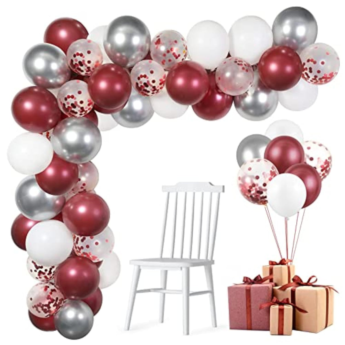 60 Pack Burgundy Red White Silver Maroon Balloons Garland Arch Kit, 12