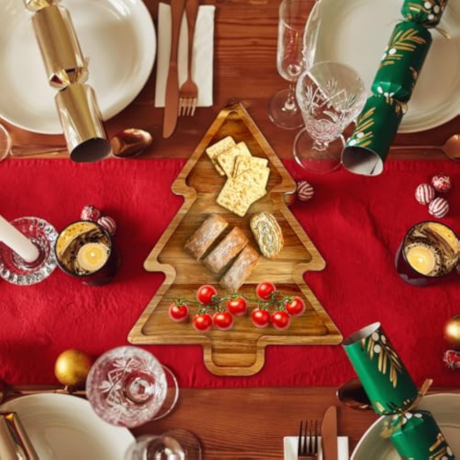 Acacia Wood Christmas Tree Tray Gift Ideas Decorative Xmas Platters Serving Dish Wooden Snack Charcuterie Board For Christmas Veggie Trays Food Cheese Boards Festive Plate Holiday Fruit Cookie Tray