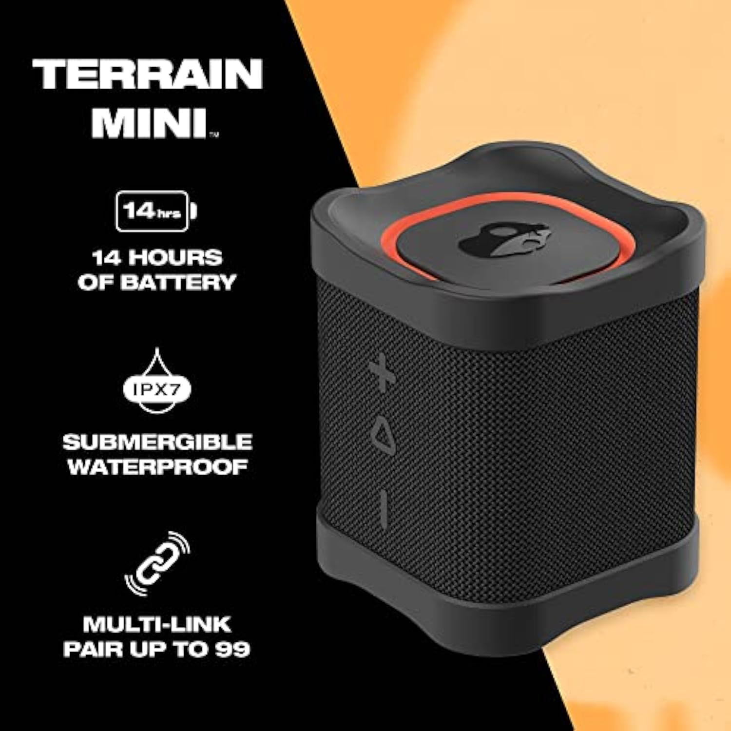 Skullcandy Terrain Mini Wireless Bluetooth Speaker - IPX7 Waterproof Portable with Dual Custom Passive Radiators, 14 Hour Battery, Nylon Wrist Wrap, & True Stereo