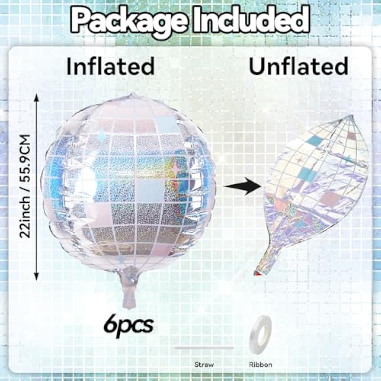 6Pcs 22 Inch Iridescent Disco Ball Balloons, Iridescent Big Disco Balloons, Silver 4D Large Foil Aluminum Balloon For Birthday Baby Shower Party Wedding Anniversary Engagement Bridal Shower Decor