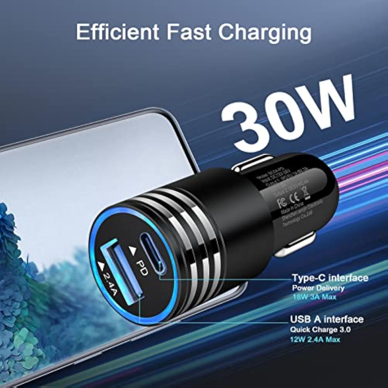 30W Usb Type C+Usb Car Charger Adapter Plug Fast Charging Compatible For Moto Edge 5G Uw/One 5G Uw Ace/G Power/G Stylus/G Play, Samsung Galaxy A16/A15/A14/A13/A12/A11/A23/A24/A33/A34/A54/A53/S24/S23