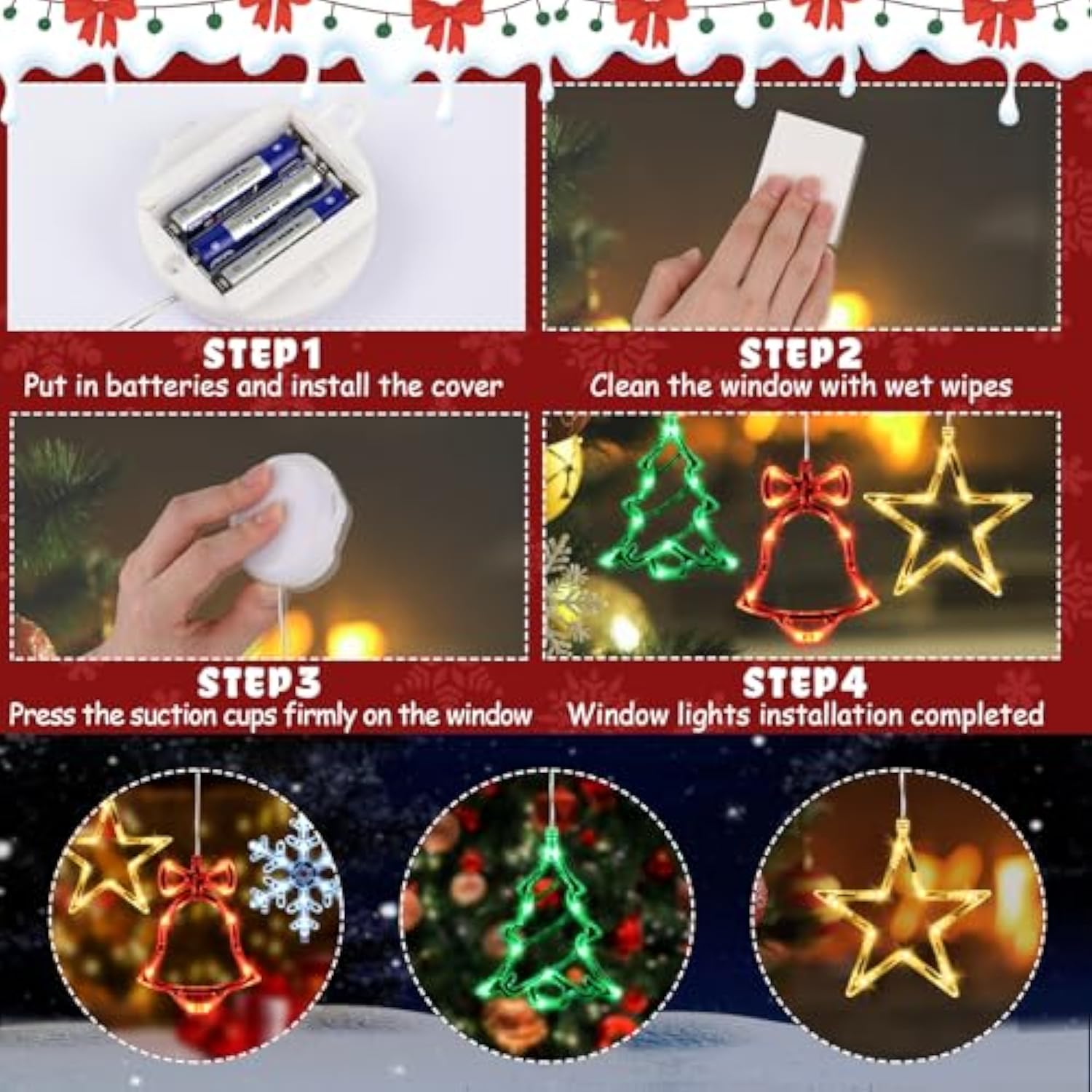 4 Pcs Christmas Window Lights With Timer Function, Christmas Window Decorations Jingle Bell Snowflake Christmas Tree Sta