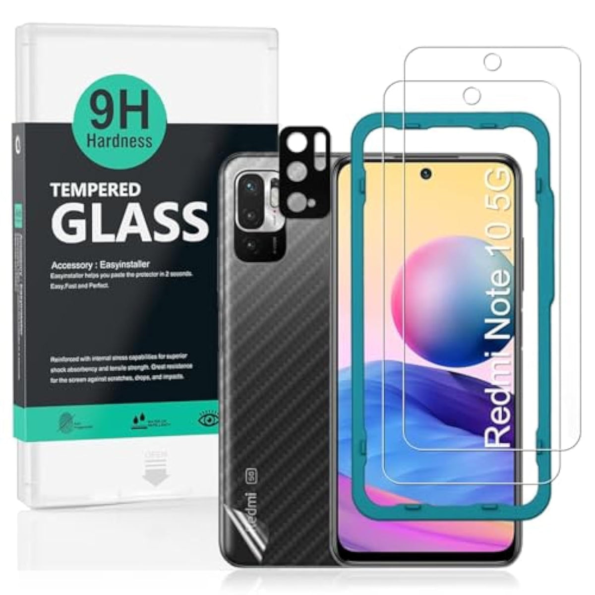 Screen Protector For Redmi Note 10 5G/Poco M3 Pro 5G,With 2Pcs Tempered Glass,1Pc Camera Lens Protector,1Pc Backing Carbon Fiber Film [Fingerprint Reader,Easy To Install]