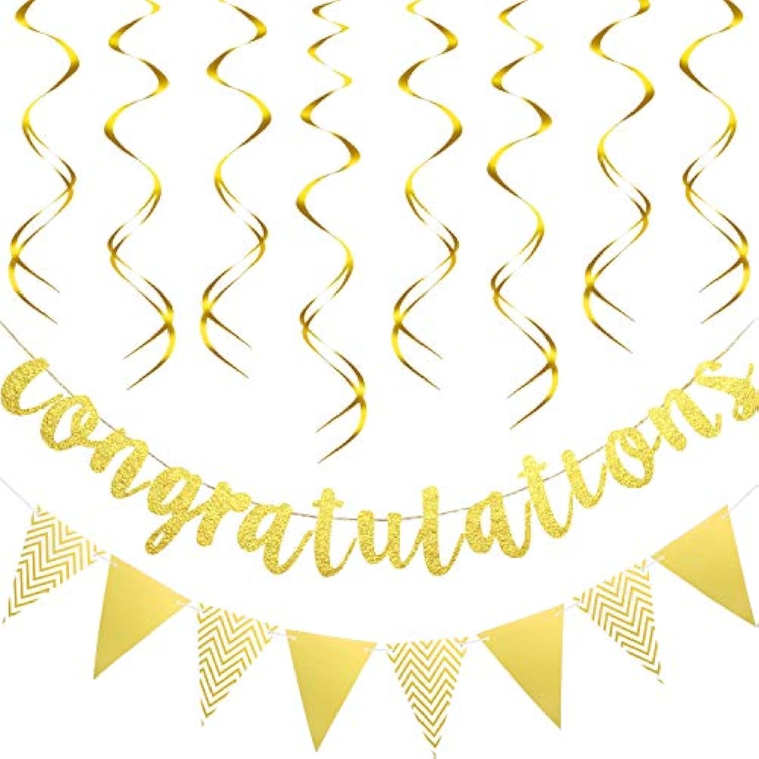 Pre-Strung Glitter Congratulations Banner Triangle Flag Banner With 12 Pieces Hanging Swirls For Wedding Retirement Graduation Anniversary Party Decorations(Gold)