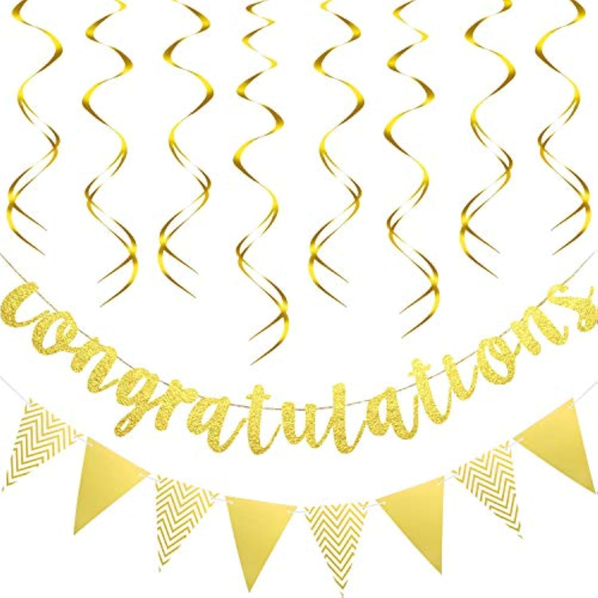 Pre-Strung Glitter Congratulations Banner Triangle Flag Banner With 12 Pieces Hanging Swirls For Wedding Retirement Graduation Anniversary Party Decorations(Gold)