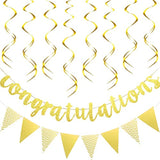 Pre-Strung Glitter Congratulations Banner Triangle Flag Banner With 12 Pieces Hanging Swirls For Wedding Retirement Graduation Anniversary Party Decorations(Gold)