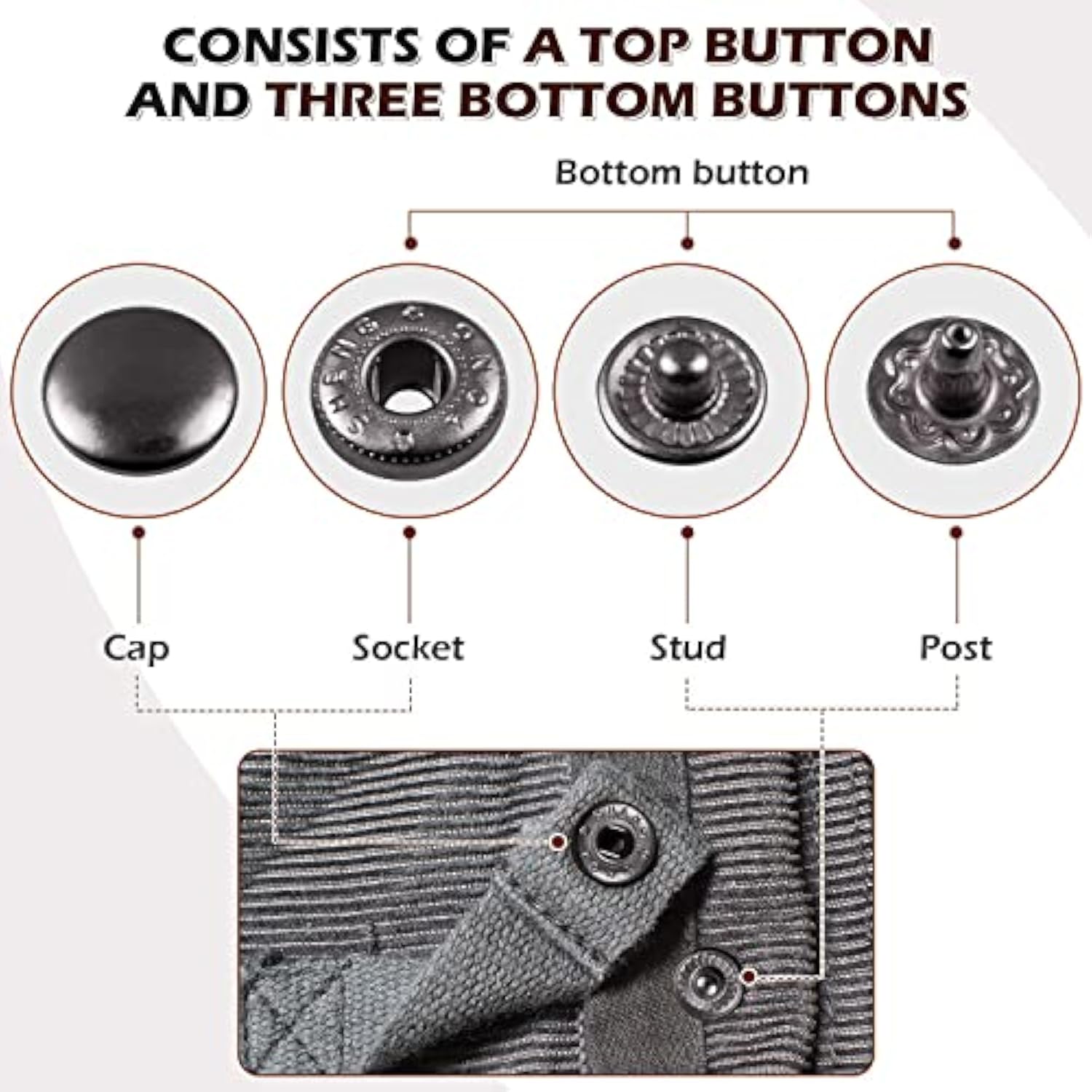 Snap Fasteners Kit 10Mm 50 Sets Snap Buttons For Fabric Clothes Sewing