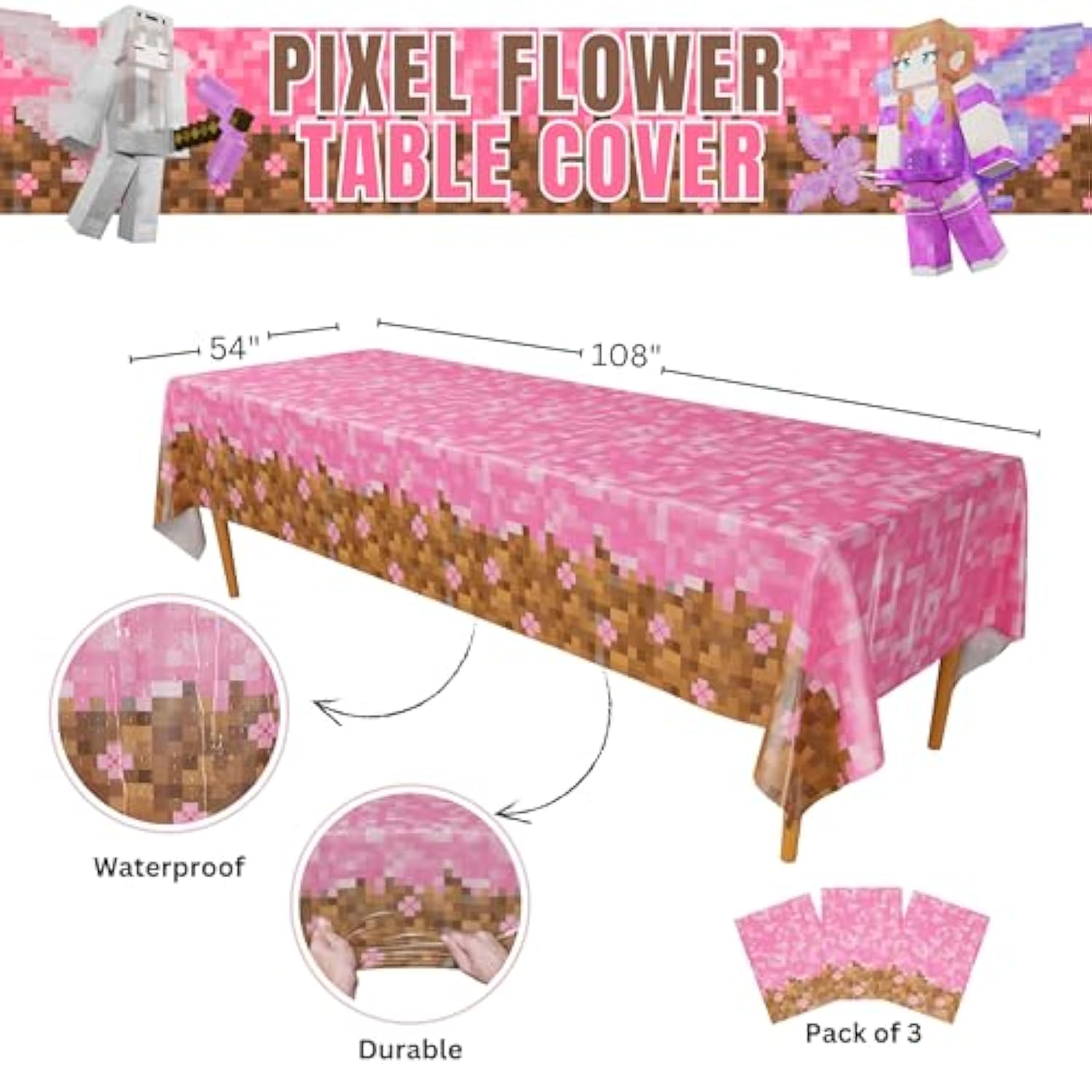 Pixel Flower Table Cover (Pack Of 3) - Girl Gamer Party Decorations, Gamer Birthday Tablecloth For Girls, Girls Birthday Party Supplies, Pixel Miner Party