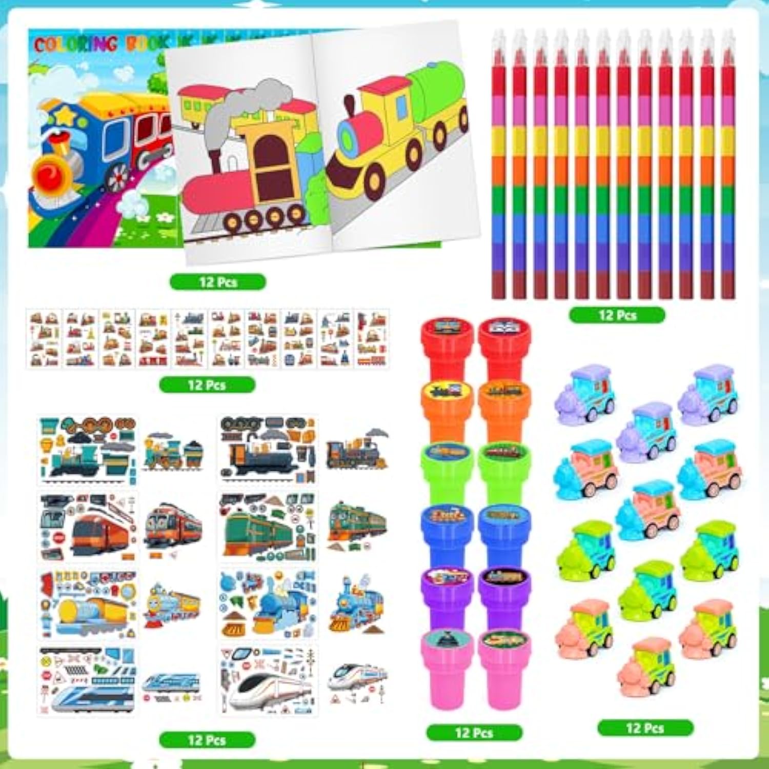 72 Pcs Train Party Favors,Train Print Party Supplies Include Coloring Books Stickers Stamps Diy Art Crafts Goody Bags Fillers For Train Car Railway Transportation Birthday Party