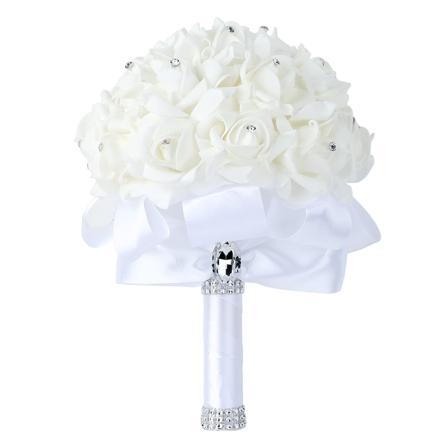 Wedding Bouquet Crystal Roses Bridesmaid Bouquet, Bridal Bouquet Artificial Flowers For Wedding, Party And Church (White)