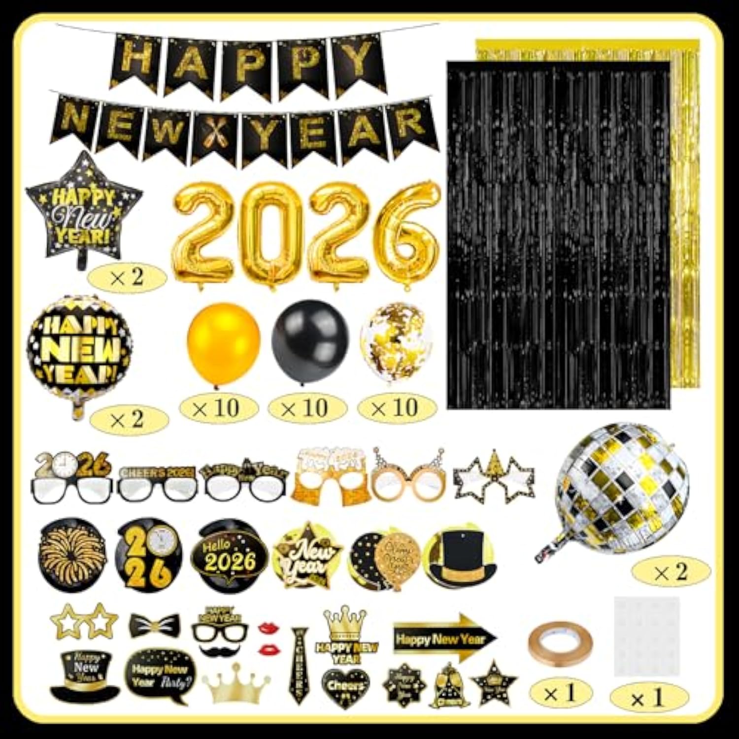 71 Pc 2026 New Year Party Kit with Balloons Banner and Black Gold Decor