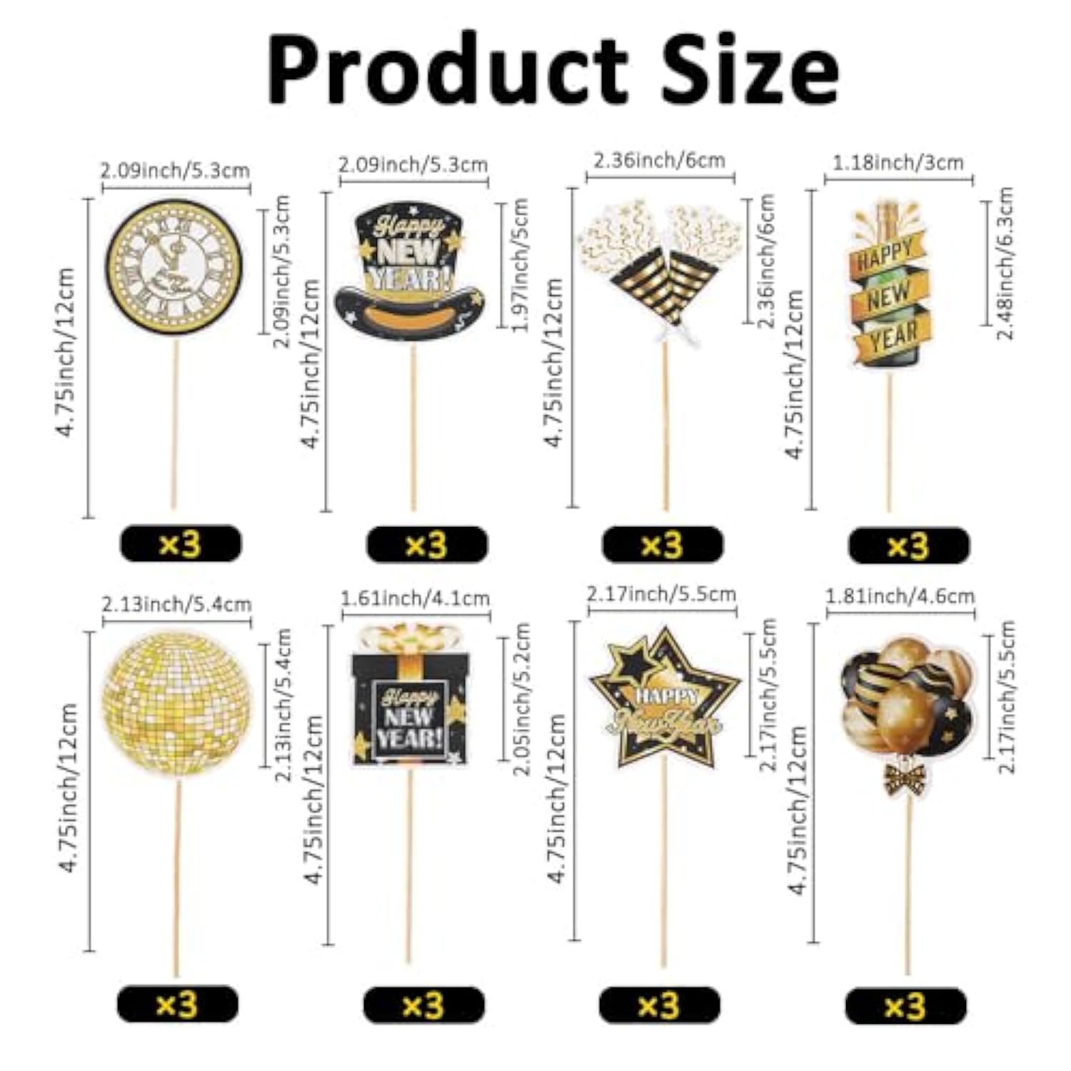 24 Pcs Black & Gold 2026 New Year Cupcake Toppers 8 Designs