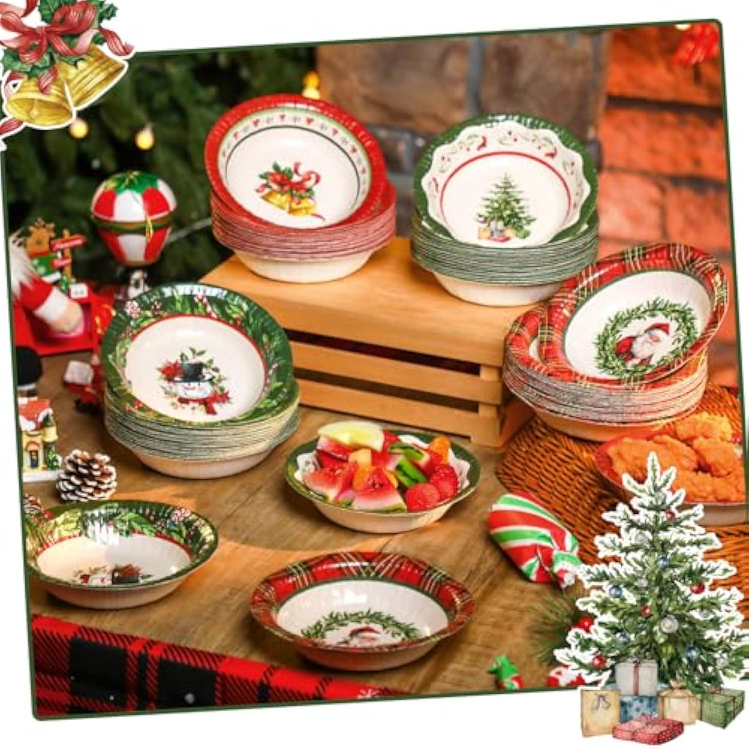 100 Pcs Christmas Paper Bowls Bulk 12 Oz Merry Christmas Disposable Bowls Red And Green Plaid Food Serving Snowman Santa Claus Snack Soup Dessert Food Tablewares For Xmas Party Favors Supplies