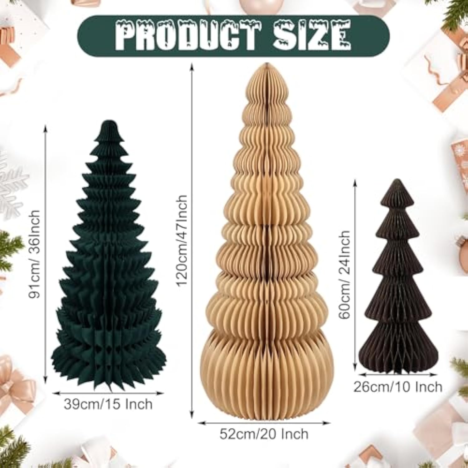 3 Pcs Large Honeycomb Christmas Tree - 4Ft 3Ft 2Ft Paper Christmas Folding 3D Home Decoration Set With Magnetic Design For Winter Holiday Festive Party (Classic,Beige,Green,Brown)
