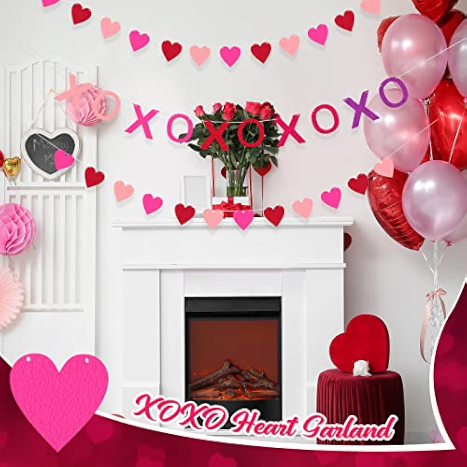 4 Pcs Felt Banner Valentines Decorations Pink Felt Ball Garland Hanging Banner Valentines Decor For Anniversary Wedding Valentine‘S Day