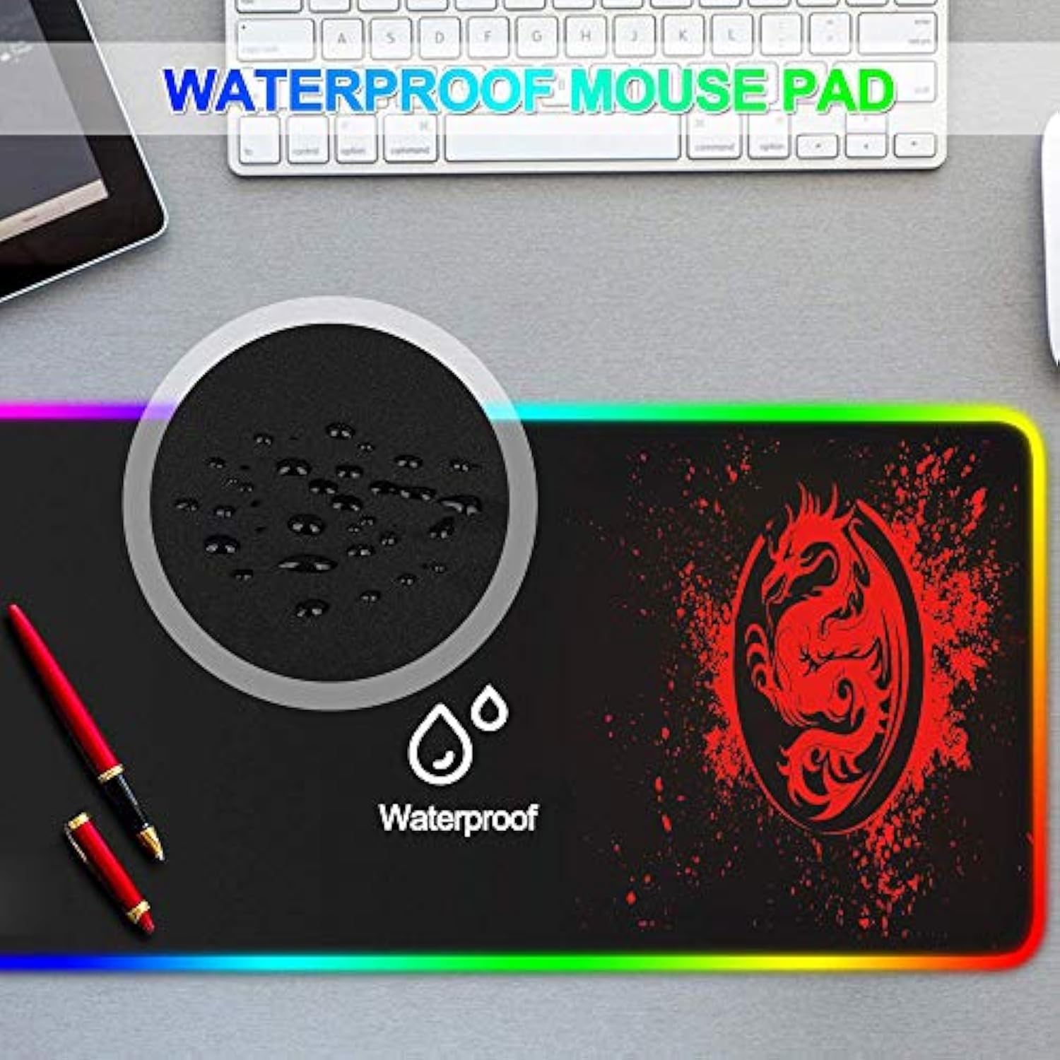 Large Anime Dragon Keyboard Mat - 15 Light Modes, High Performance, Extended Mouse Pad & Keyboard Mat Combined - Gaming Mat 31.5 X 12In (Red)