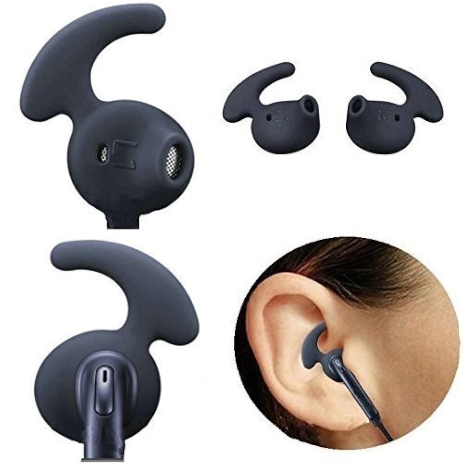 Replacement Eargel Tips For Samsung Galaxy S6 Edge S7 Edge Note 7 Earphones, Samsung Galaxy S6 S7 Note 5 Ear Gels, Anti Slip Sport Hook Design, Black And White 4 Pairs (Black)