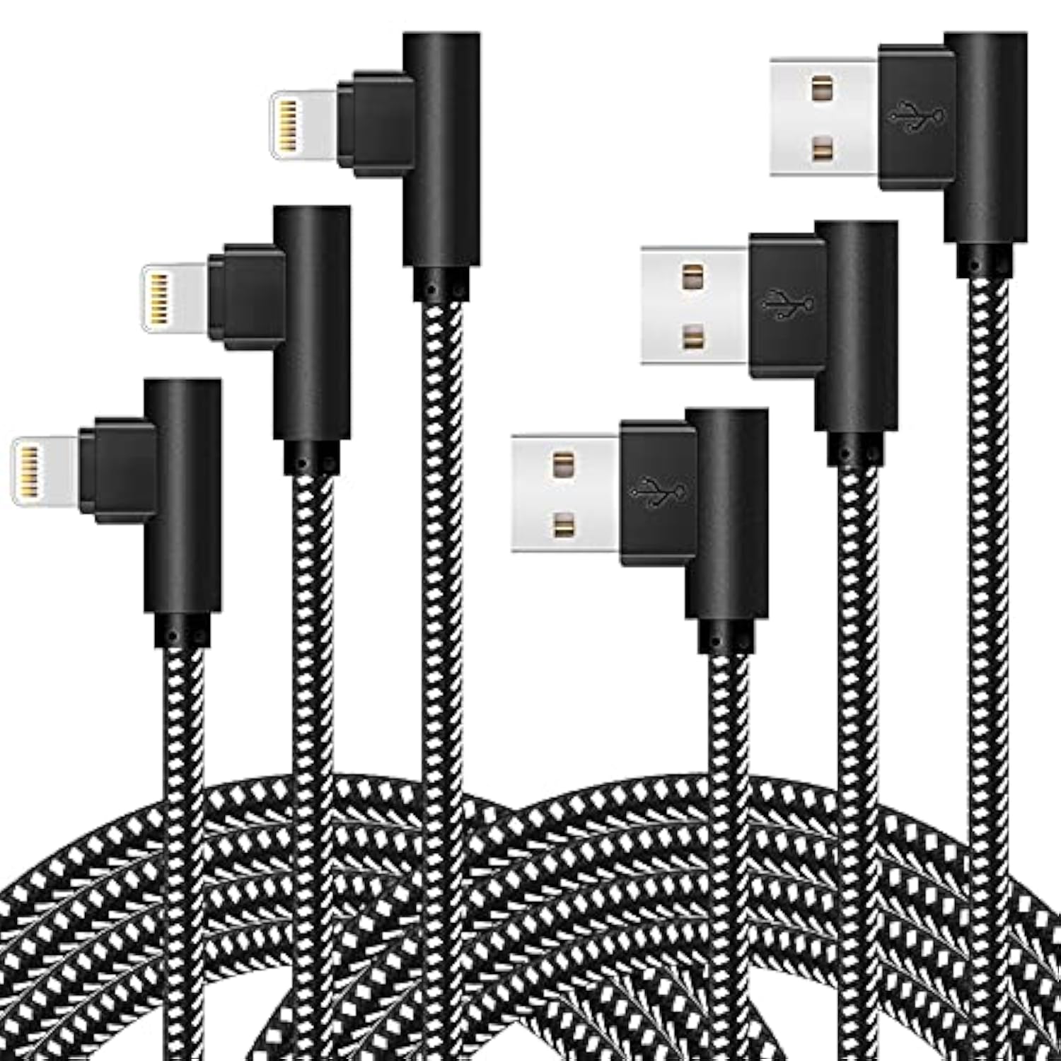 MFi Lightning Charger 3-Pack Right Angle Nylon Cables 3 6 10Ft for iPhone iPad