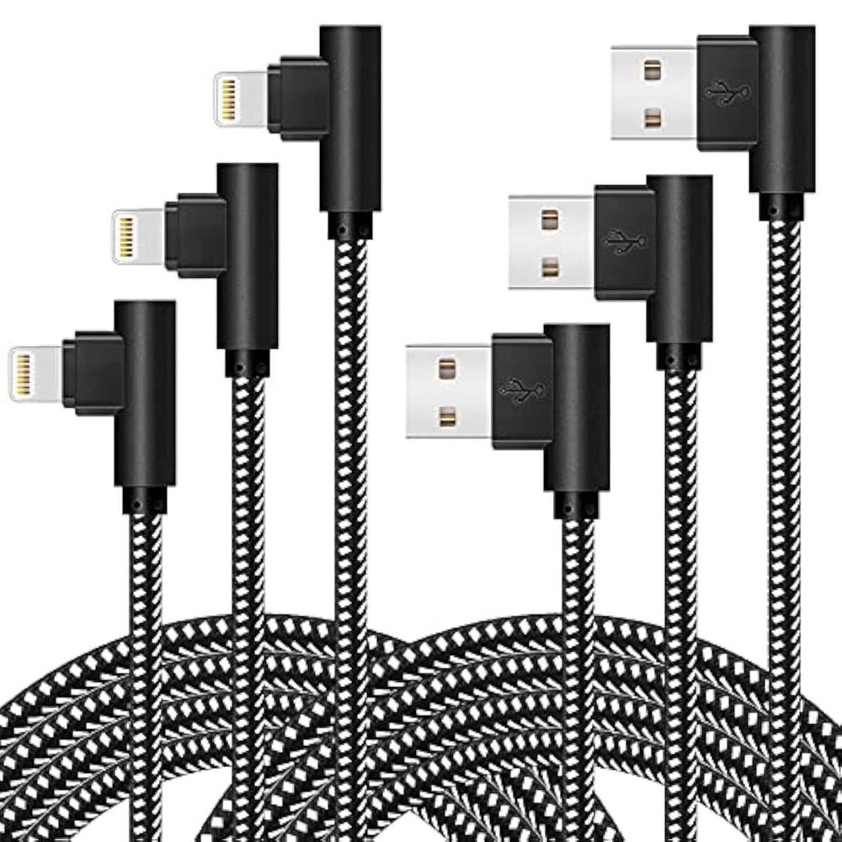 MFi Lightning Charger 3-Pack Right Angle Nylon Cables 3 6 10Ft for iPhone iPad
