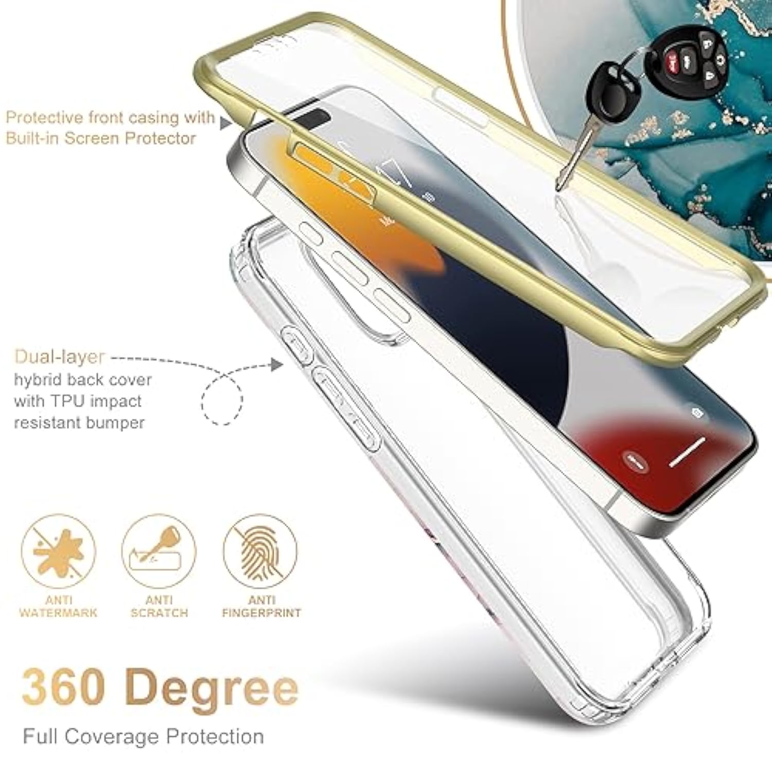 For Iphone 15 Pro Max Case With Built-In Screen Protector,Durable Cover With Fashionable Designs For Women Girls,Protective Phone Case 6.7" Turquoise Pink Marble