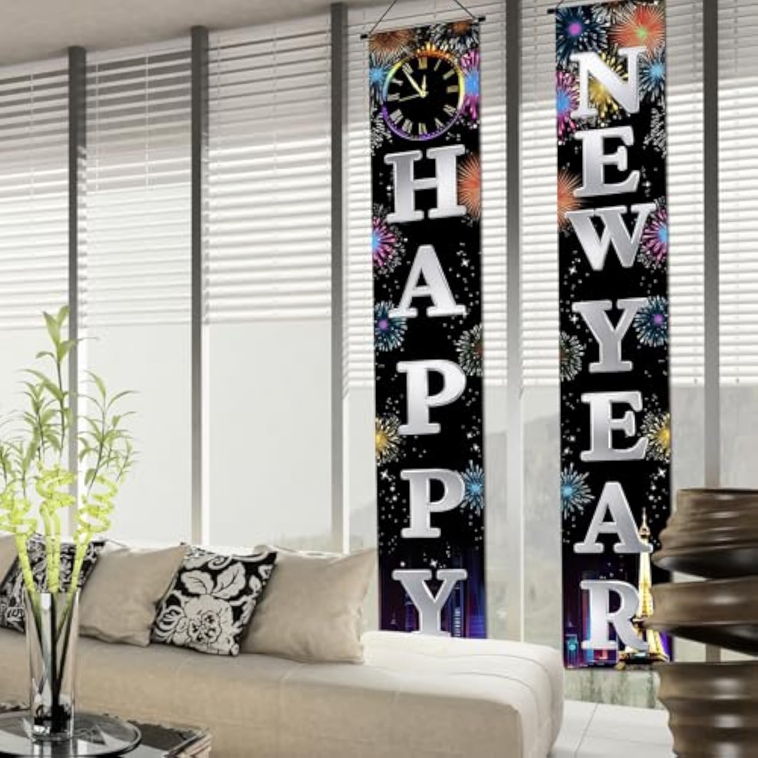 Silver Happy New Year Porch Banner Decorations With Fireworks Clock Night City 71 X 12 Inch Holiday Party Banners Front Door Hanging Banner Entryway New Year Winter For Wall Fireplace Party Holiday Home Kids Decor
