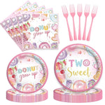 Two Sweet Birthday Party Supplies Tableware Set, Two Sweet Party Decorations, 2Nd Birthday Décor For Girl, Donut Themed Plates, Napkins, Forks, Serves 24 Guests