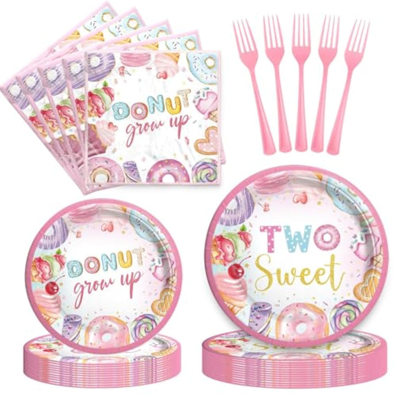 Two Sweet Birthday Party Supplies Tableware Set, Two Sweet Party Decorations, 2Nd Birthday Décor For Girl, Donut Themed Plates, Napkins, Forks, Serves 24 Guests