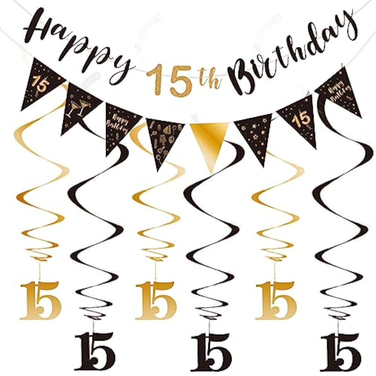 15Th Birthday Decoration Kit For Boys Girls, Happy 15Th Birthday Banner Bunting Swirls Streamers, Triangle Flag Banner For Birthday Party Decorations Supplies Black And Gold 15Th
