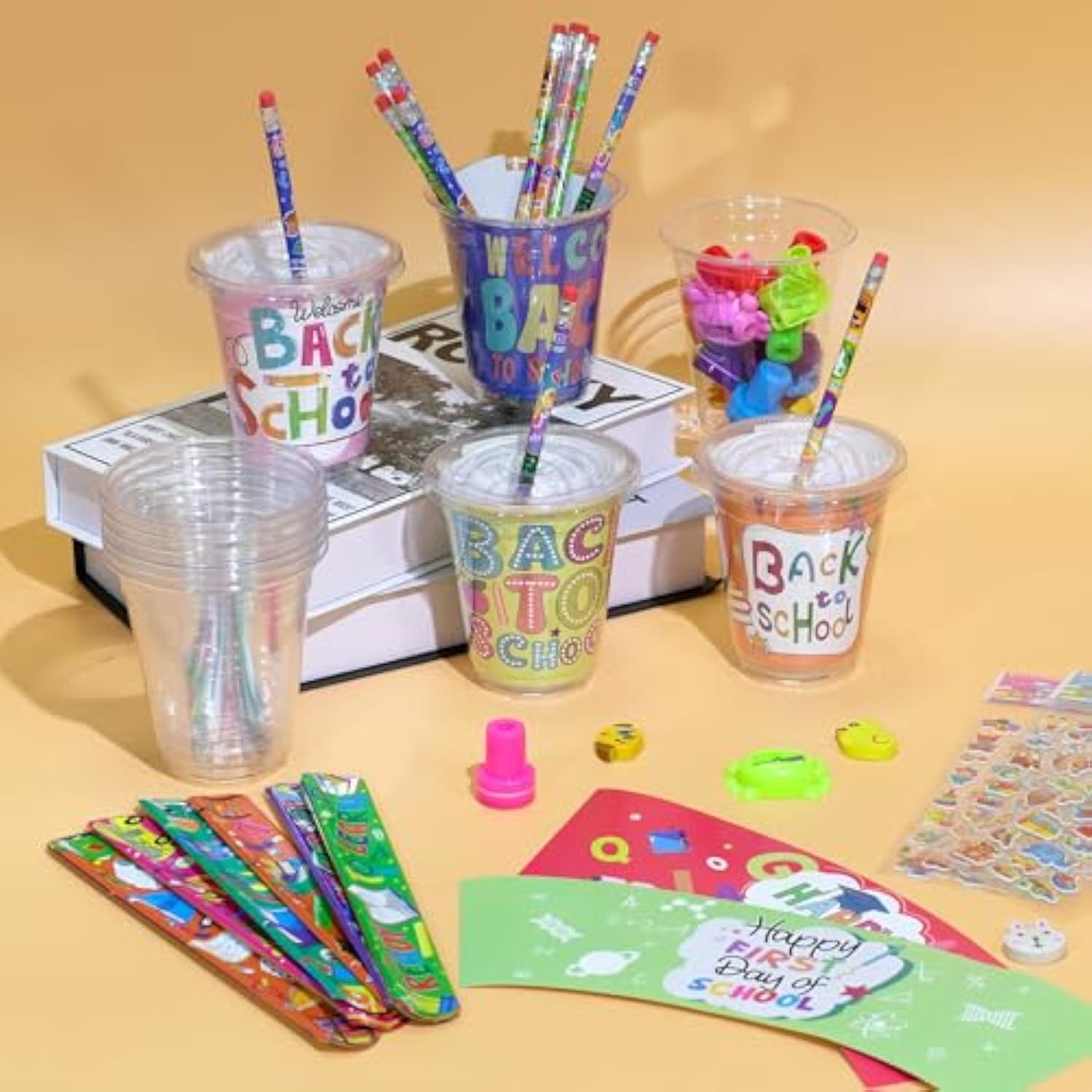 30 Set Back To School Stationery Gifts, First Day Of School Decoration Include Cup, Pencil, Stamp, Sticker, Slap Bracelets, Sharpener, Eraser, Lids, Card, Welcome To School Party For Students