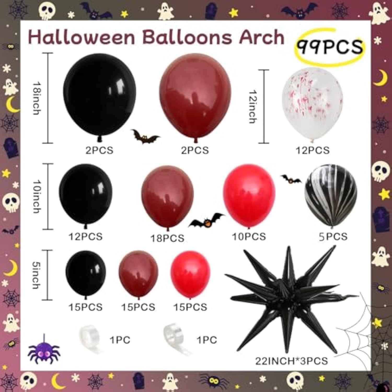 Halloween Balloon Arch Garland Kit Dark Red Black Burgundy Latex Foil Party Decor