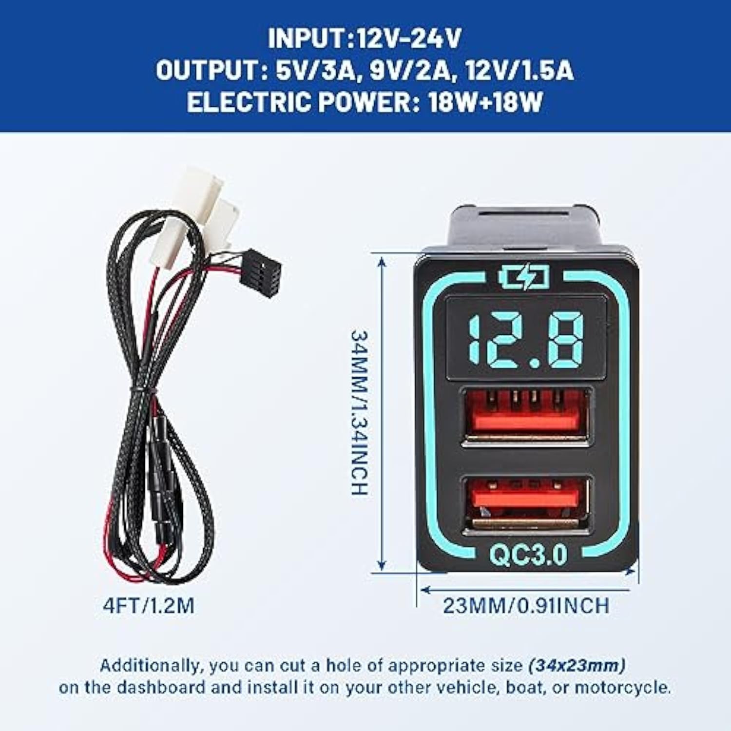 Qc3.0 Usb Car Charger For Toyota, 18W Dual Usb Port Powered By Cigarette Lighter With Digital Voltmeter, Panel Flush Mount Usb Socket For Tundra Corolla Highlander, Vehicle Dash Port 1.34"X0.91"