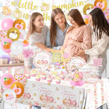 Little Pumpkin Baby Shower Decorations,198Pcs A Little Pumpkin Is On The Way Baby Shower Plate And Napkins Cups Tablecloth Cake Topper Honeycomb Balloon Fall Baby Shower Decorations For Girl ,Serve 24