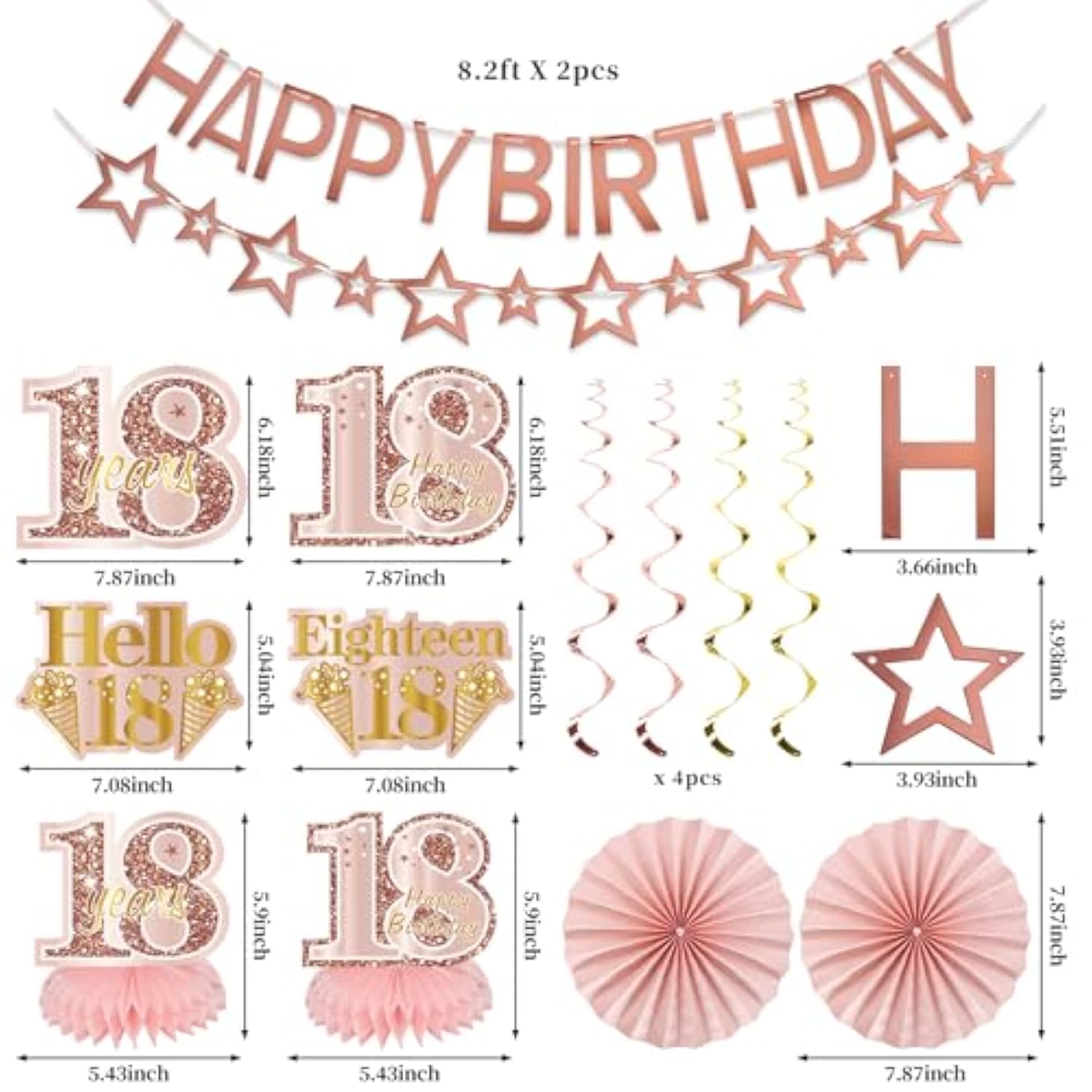 18Th Birthday Decorations For Girls, Pink Rose Gold Happy 18 Years Old Birthday Banner Backdrop Balloons Sash Table Cake Topper Honeycomb Centerpieces Hanging Swirls Paper Fans Party Supplies