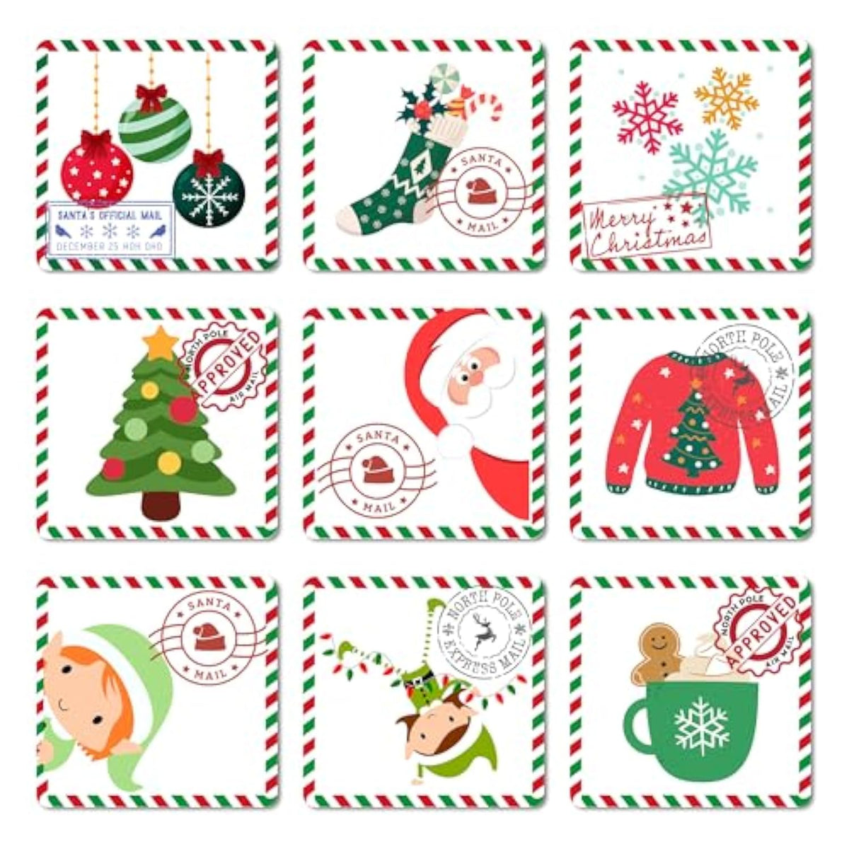 Christmas Stamp Stickers Modern Colorful Design | 1.4 Inch | Waterproof | 135-Pack | From Santa Labels, Christmas Labels