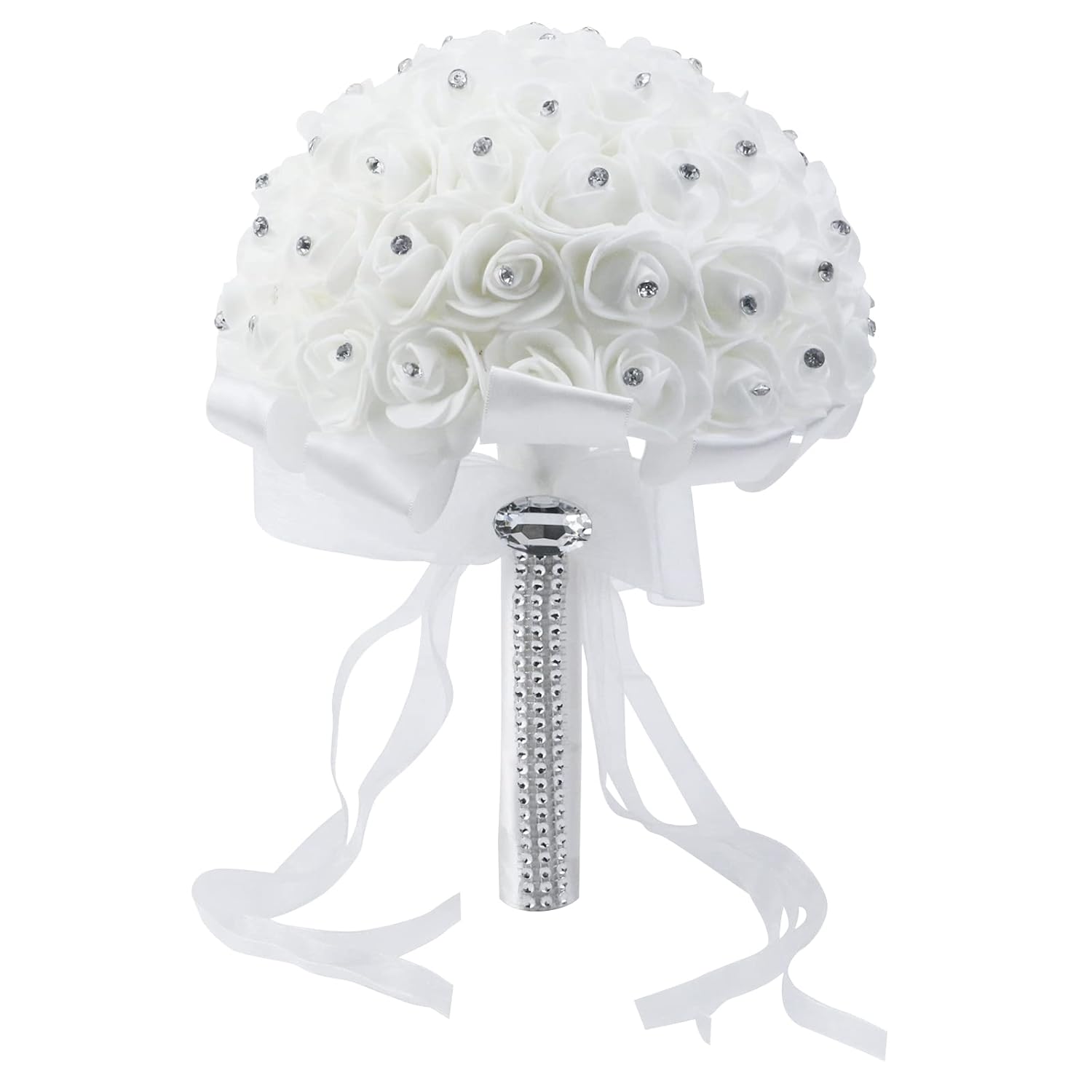 7.5Inches White Rhinestone Ribbon Bridal Wedding Bouquet 1Pcs Handmade Artificial Silk Holding Flowers For Wedding