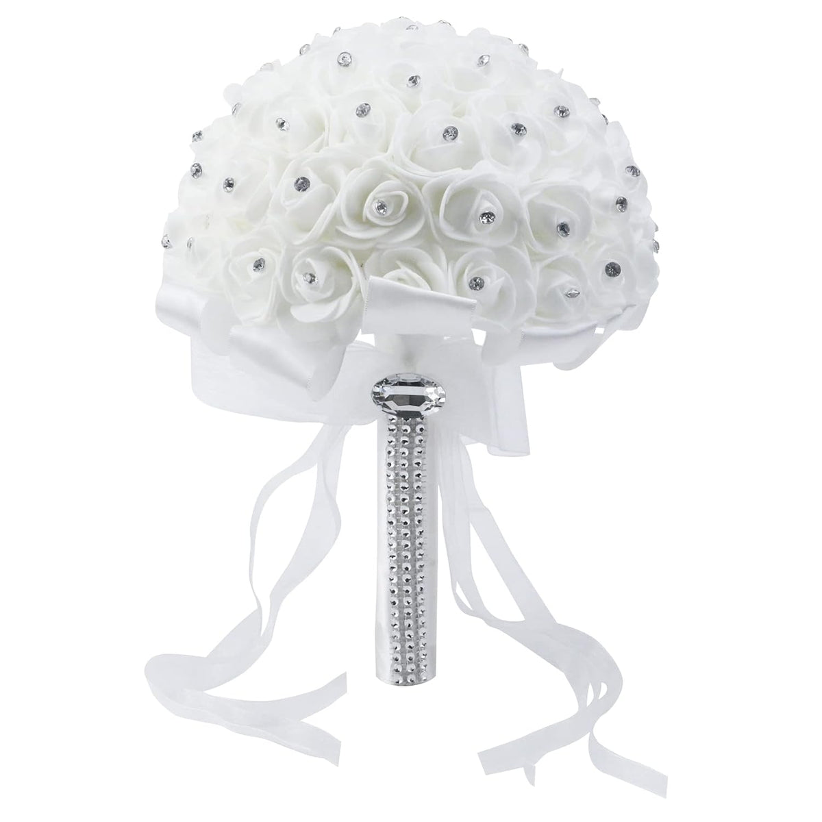 7.5Inches White Rhinestone Ribbon Bridal Wedding Bouquet 1Pcs Handmade Artificial Silk Holding Flowers For Wedding
