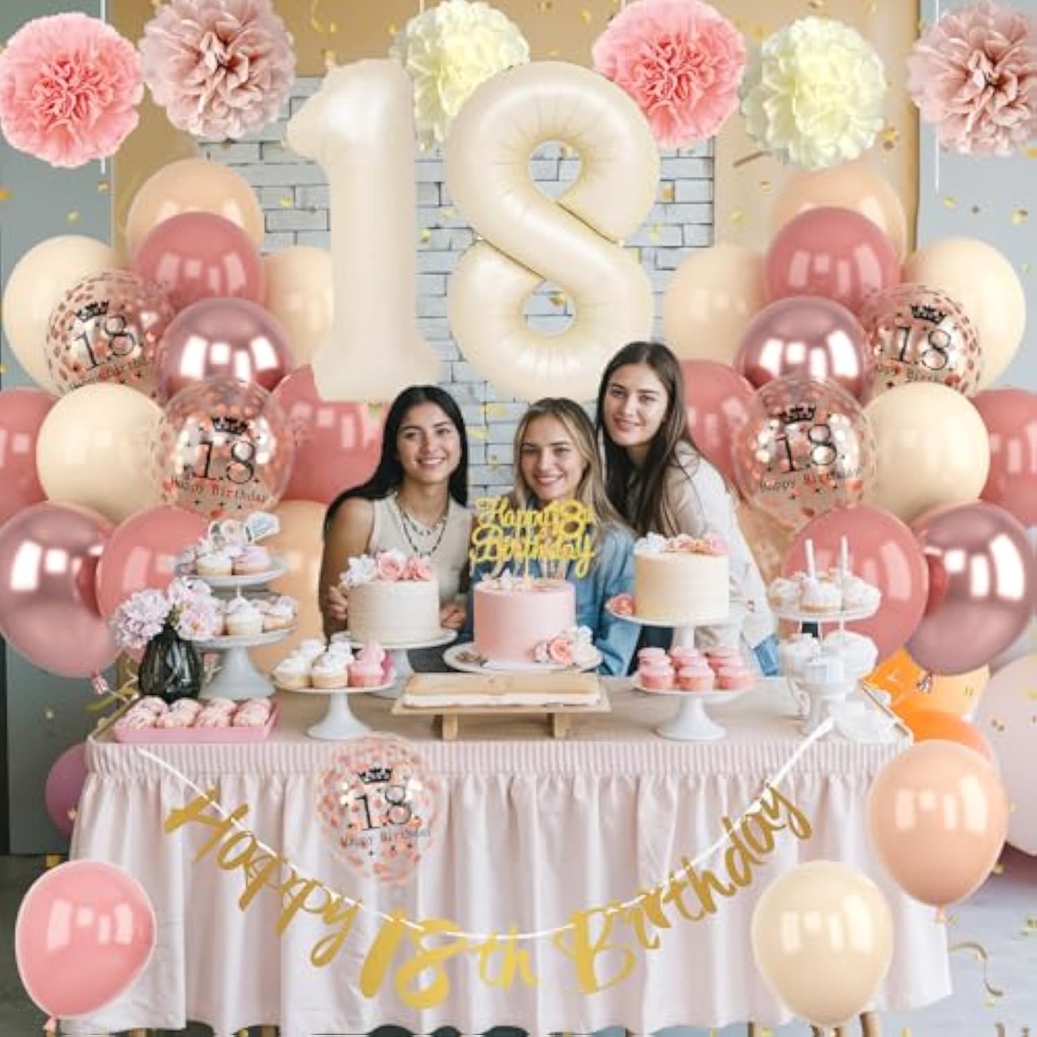 18Th Birthday Decorations For Girl Retro Blush Pink Birthday Balloons Happy 18Th Banner Cake Topper Pom Poms Dusty Rose Gold Number 18 Balloon For Her 18 Year Old Bday Party Decoration Supplies