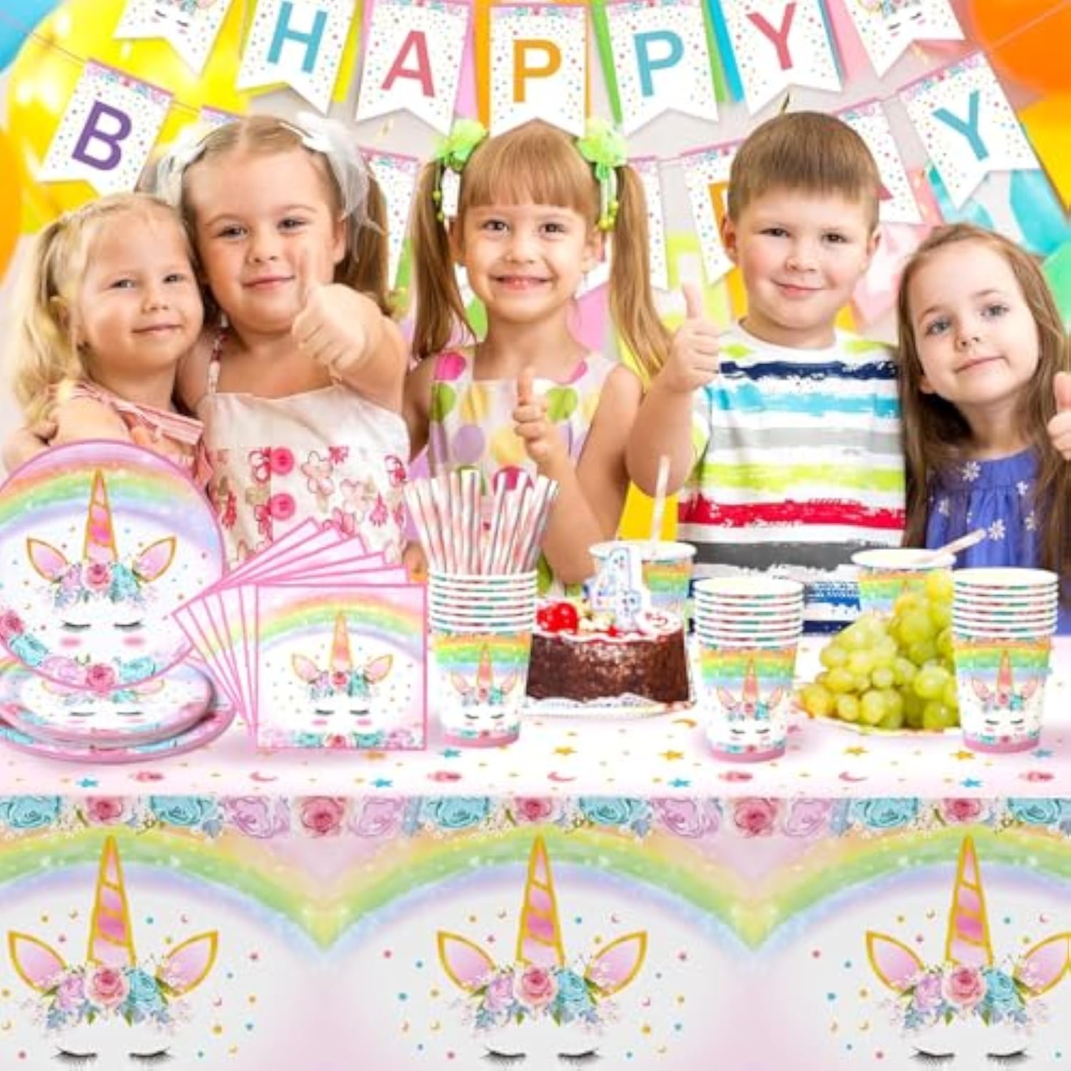 Unicorn Birthday Decorations For Girls - 82 Pcs Rainbow Unicorn Party Supplies Include Disposable Tableware, Tablecloths And Banners, Pink Floral Birthday Party Decor Serves 16
