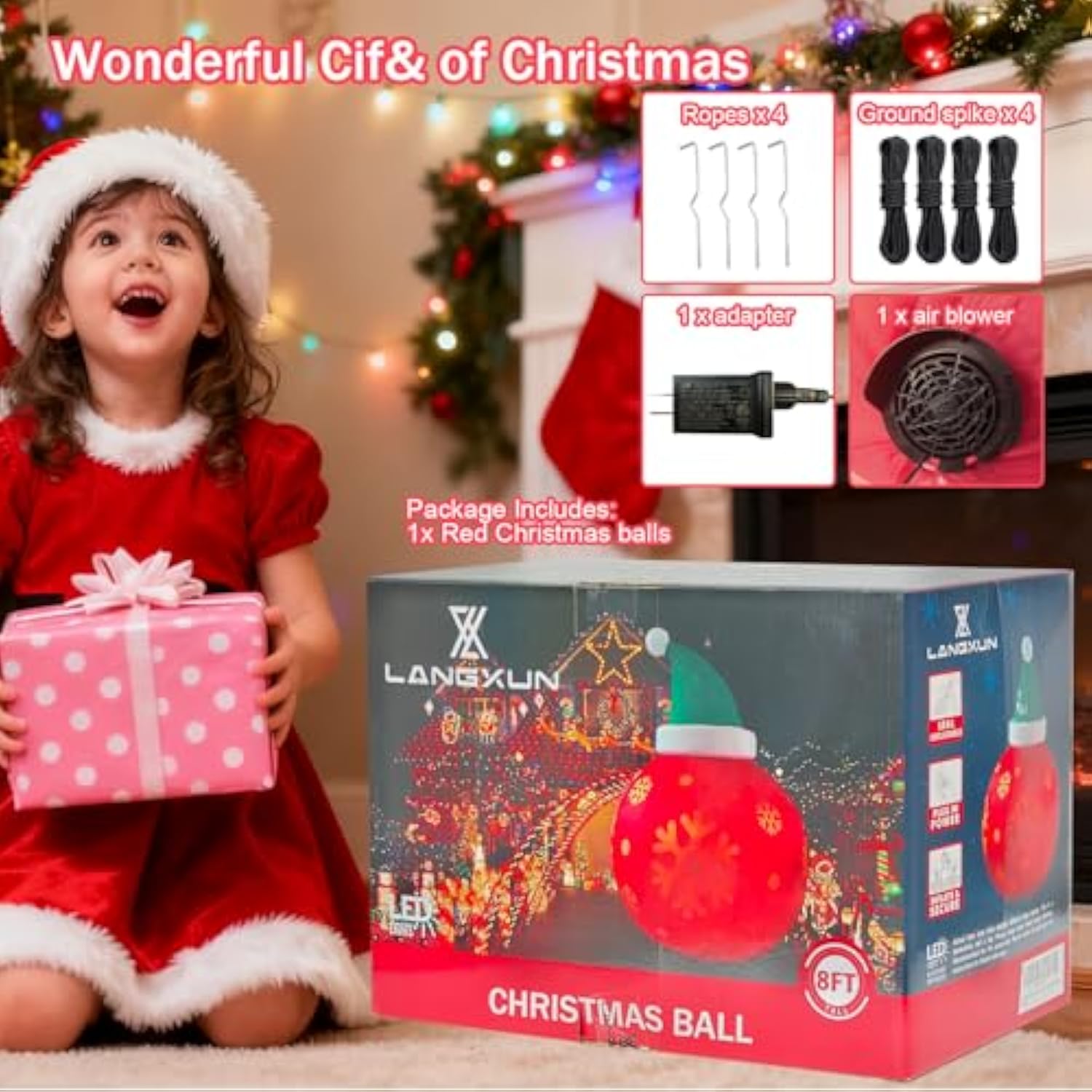 8Ft Red Christmas Ball With Santa Hat Inflatable Outdoor Indoor Decor, Giant Blow Up Ip44 Weatherproof Xmas Decorations